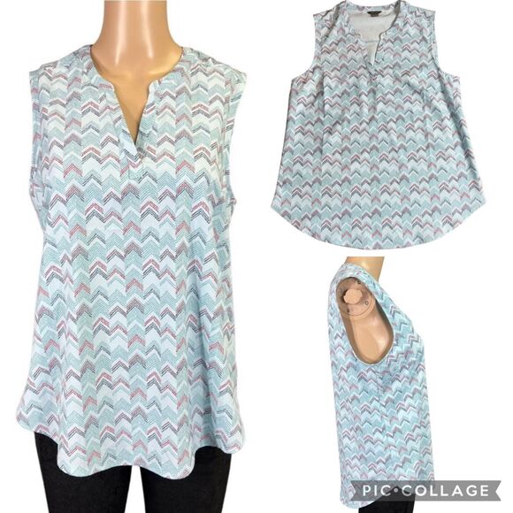 Eddie Bauer Womens Blouse Top Shirt Chevron Print Sleeveless Silky Blue Small - Picture 1 of 11